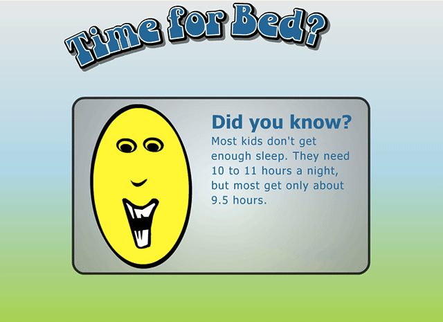 Most kids don't get enough sleep. They need 10 to 11 hours a night, but most get only about 9.5 hours.
